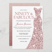 Roos Gold Sparkle Dress 90th Birthday Invite Kaart (Voorkant / Achterkant)