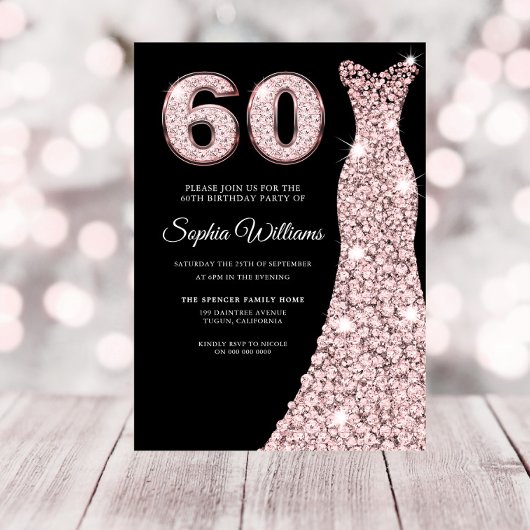 Roos Gold Sparkle Dress Blush 60th Birthday Party Kaart