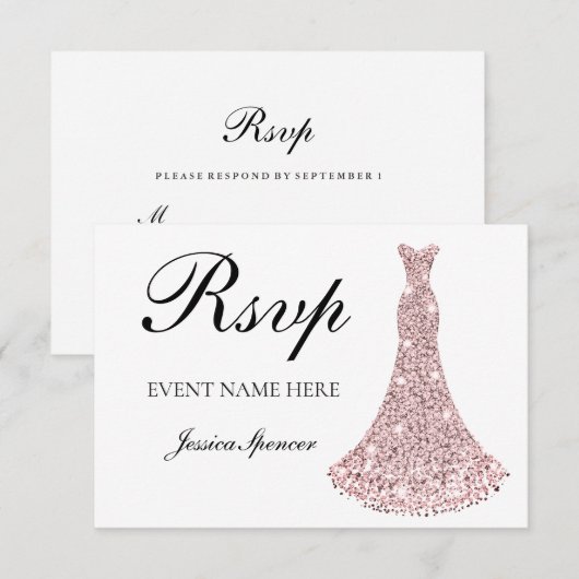 Roos Gold Sparkle Dress de hele dag door / Bridal  RSVP Kaartje (Voorkant / Achterkant)