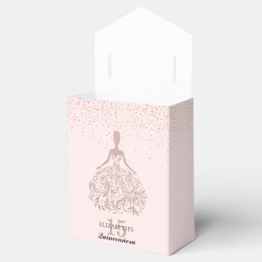 Roos Gold Sparkle Dress Quinceañera Glitter Pink Bedankdoosjes (Geopend)