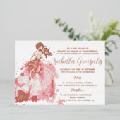 Roos Gold Sparkle Dress Quinceañera Uitnodiging (Staand Voorkant)