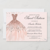 Roos Gold Sparkle Dress Sweet Sixteen Invitation Kaart (Voorkant)