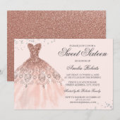 Roos Gold Sparkle Dress Sweet Sixteen Invitation Kaart (Voorkant / Achterkant)