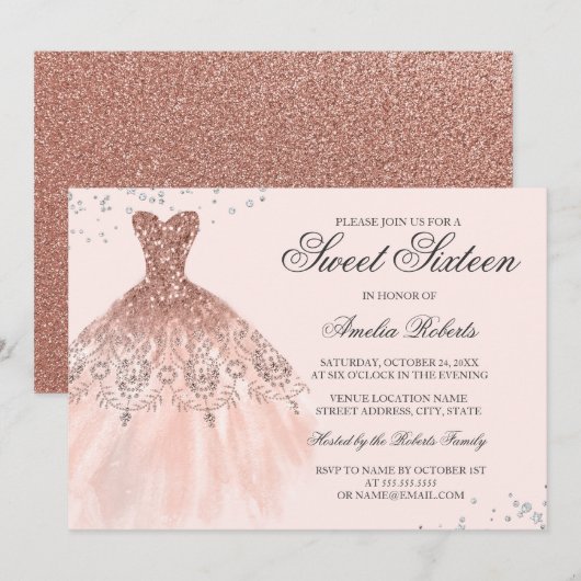 Roos Gold Sparkle Dress Sweet Sixteen Invitation Kaart (Voorkant / Achterkant)