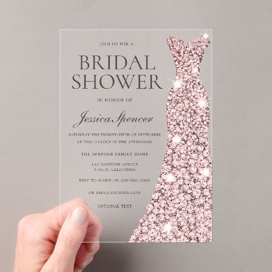 Roos Gold Sparkle Dress Vrijgezellenfeest Acryl Uitnodigingen (Insitu (Draagbaar))