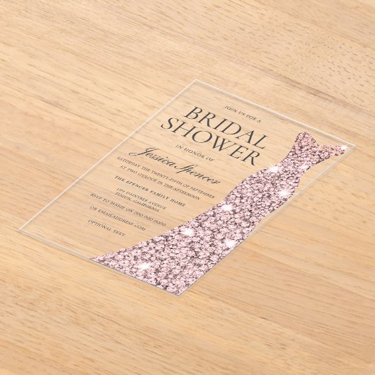 Roos Gold Sparkle Dress Vrijgezellenfeest Acryl Uitnodigingen (Laagn)