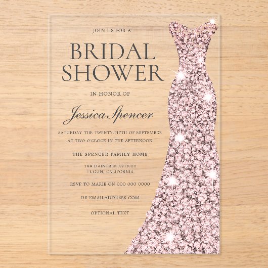 Roos Gold Sparkle Dress Vrijgezellenfeest Acryl Uitnodigingen (Voorkant)