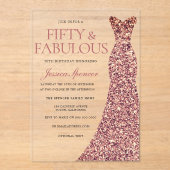 Roos Gold Sparkle Dress Womans 50e verjaardag Acryl Uitnodigingen (Voorkant)