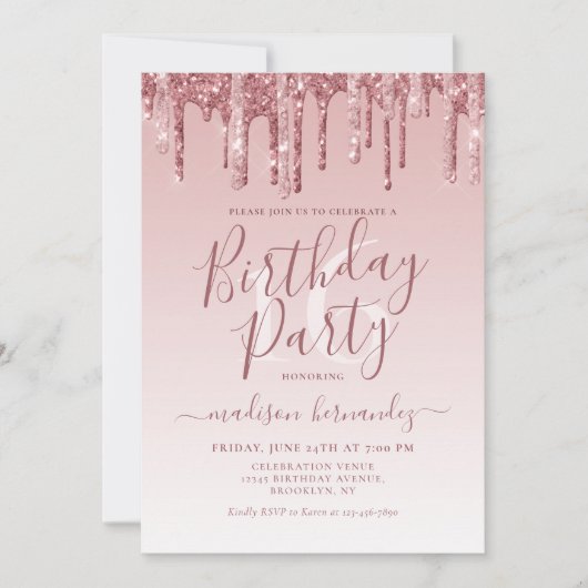 Roos Gold Sparkle Dripping Glitter 16th Birthday Kaart (Voorkant)