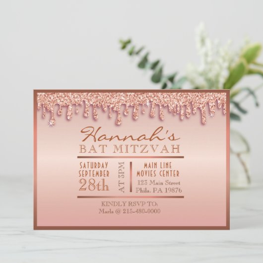 Roos Gold Sparkle Drippy Drip Bat Mitzvah Invite Kaart (Staand voorkant)