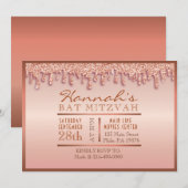 Roos Gold Sparkle Drippy Drip Bat Mitzvah Invite Kaart (Voorkant / Achterkant)