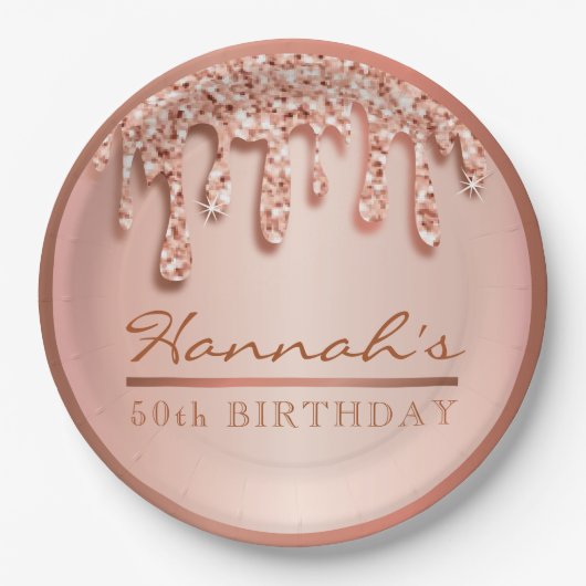 Roos Gold Sparkle Drippy Drip Verjaardagsfeest Papieren Bordje (Voorkant)