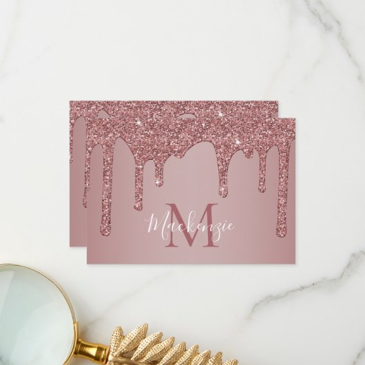 Roos Gold Sparkle Driving Glitter Monogram Bedankkaart (Voorkant / Achterkant in situ)
