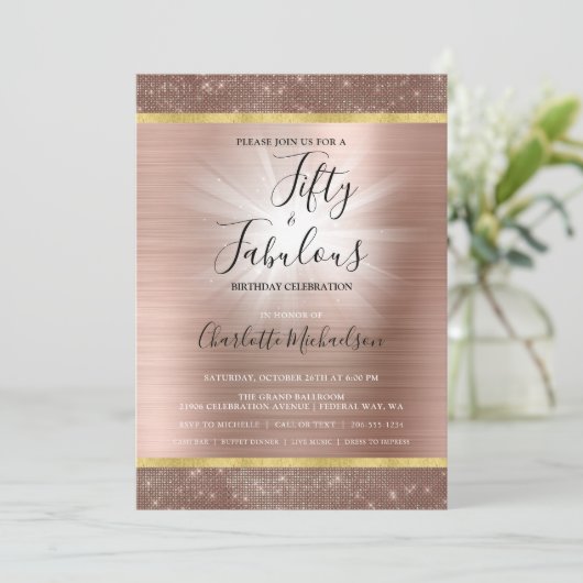 Roos Gold Sparkle Glam - 50 jaar en verbluffende d Kaart (Staand voorkant)