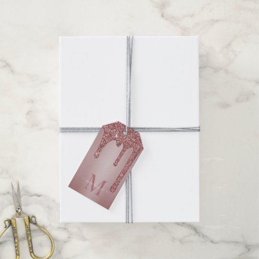 Roos Gold Sparkle Glam Glitter Drift Monogram Cadeaulabel (Met Touw)