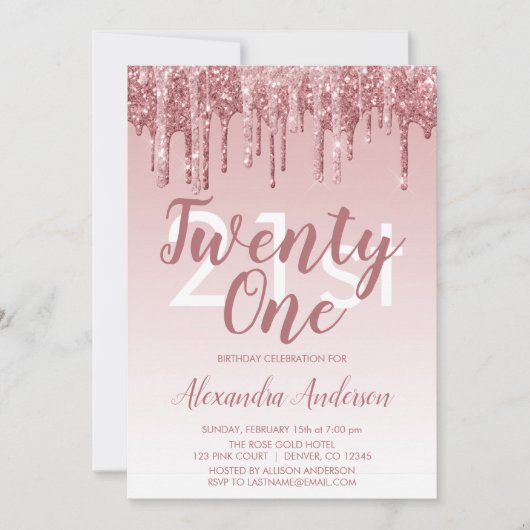 Roos Gold Sparkle Glitter 21st Birthday Party Kaart (Voorkant)