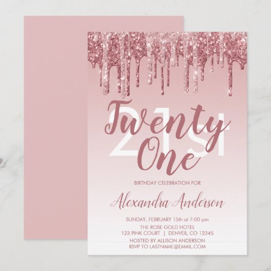 Roos Gold Sparkle Glitter 21st Birthday Party Kaart (Voorkant / Achterkant)