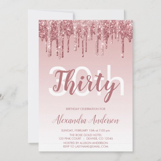 Roos Gold Sparkle Glitter 30th Birthday Party Kaart (Voorkant)