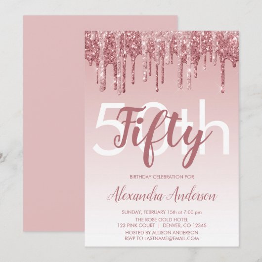 Roos Gold Sparkle Glitter 50th Birthday Party Kaart (Voorkant / Achterkant)