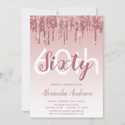 Roos Gold Sparkle Glitter 60ste Verjaardagsfeestje Kaart (Voorkant)