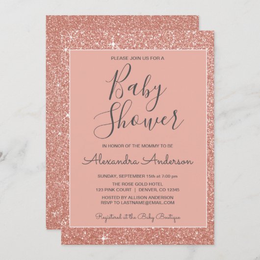 Roos Gold Sparkle Glitter Baby shower Invitation Kaart (Voorkant / Achterkant)