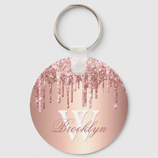 Roos Gold Sparkle Glitter Drift Monogram Initiaal Sleutelhanger (Voorkant)