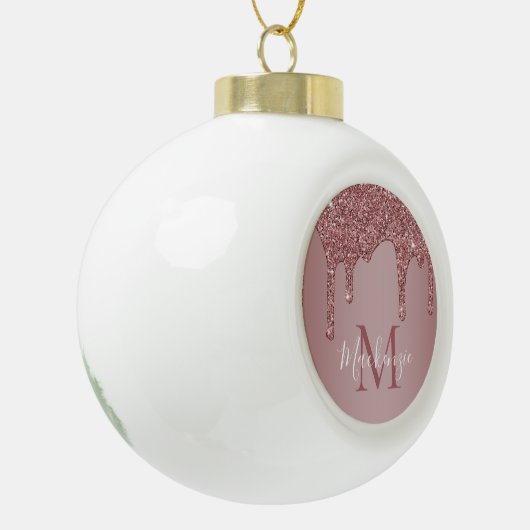 Roos Gold Sparkle Glitter Drift Monogram Keramische Bal Ornament (Links)
