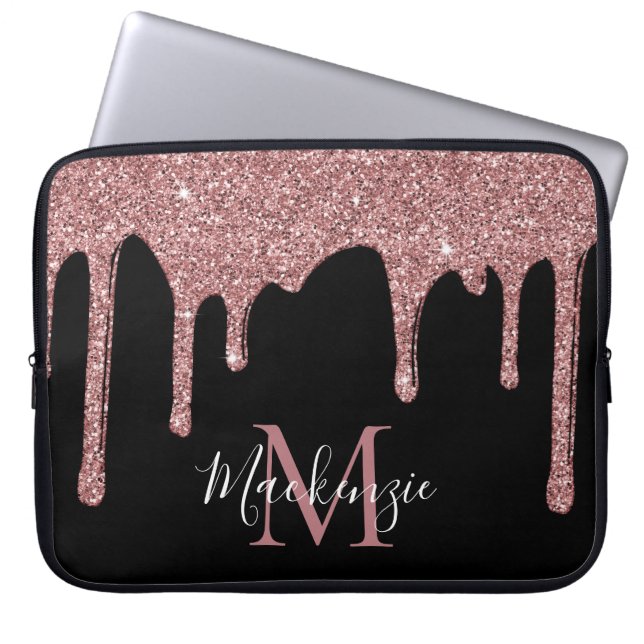 Roos Gold Sparkle Glitter Drift Monogram op zwart Laptop Sleeve (Voorkant)