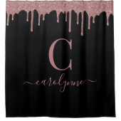 Roos Gold Sparkle Glitter Drift Monogram | Zwart Douchegordijn (Voorkant)