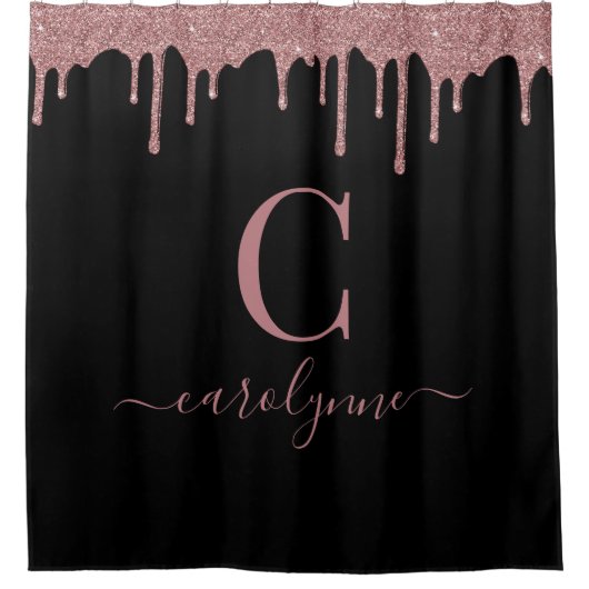 Roos Gold Sparkle Glitter Drift Monogram | Zwart Douchegordijn (Voorkant)