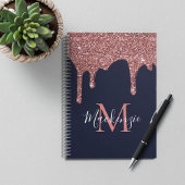 Roos Gold Sparkle Glitter Drift Navy Blue Monogram Notitieboek