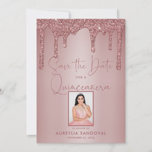 Roos Gold Sparkle Glitter Drift Quinceañera Save The Date (Voorkant)