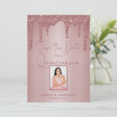 Roos Gold Sparkle Glitter Drift Quinceañera Save The Date (Staand voorkant)