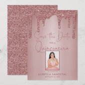 Roos Gold Sparkle Glitter Drift Quinceañera Save The Date (Voorkant / Achterkant)