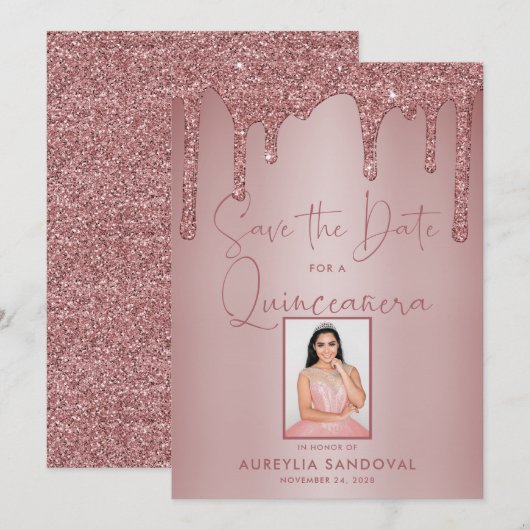 Roos Gold Sparkle Glitter Drift Quinceañera Save The Date (Voorkant / Achterkant)