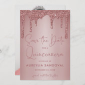 Roos Gold Sparkle Glitter Drift Quinceañera Save The Date (Voorkant / Achterkant)