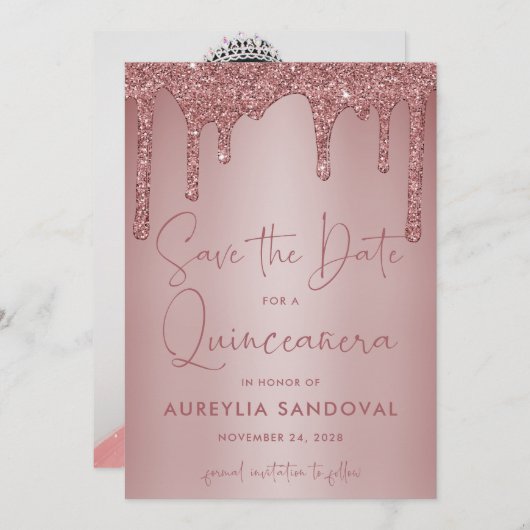 Roos Gold Sparkle Glitter Drift Quinceañera Save The Date (Voorkant / Achterkant)