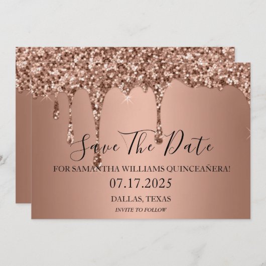 Roos Gold Sparkle Glitter Drift Quinceanera Save The Date (Voorkant / Achterkant)