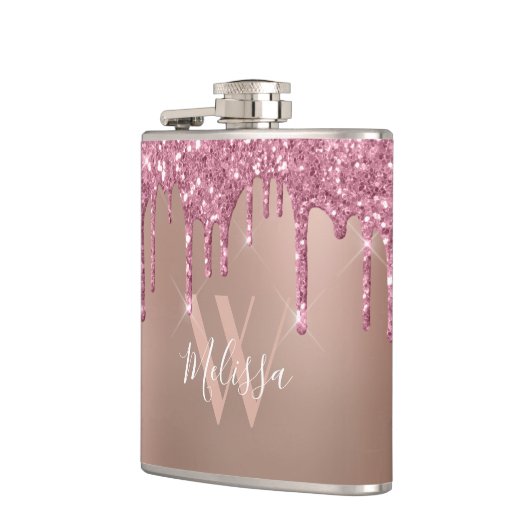 Roos Gold Sparkle Glitter Drip Blush Pink Monogram Heupfles (Links)