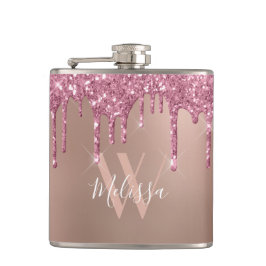 Roos Gold Sparkle Glitter Drip Blush Pink Monogram Heupfles