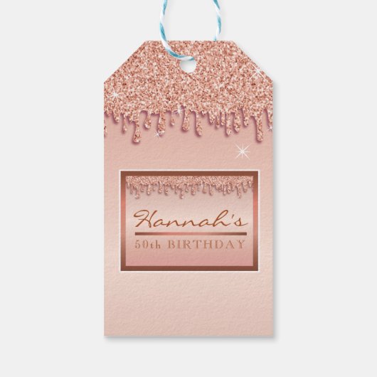 Roos Gold Sparkle Glitter Drip Verjaardagsgeschenk Cadeaulabel (Achterkant)