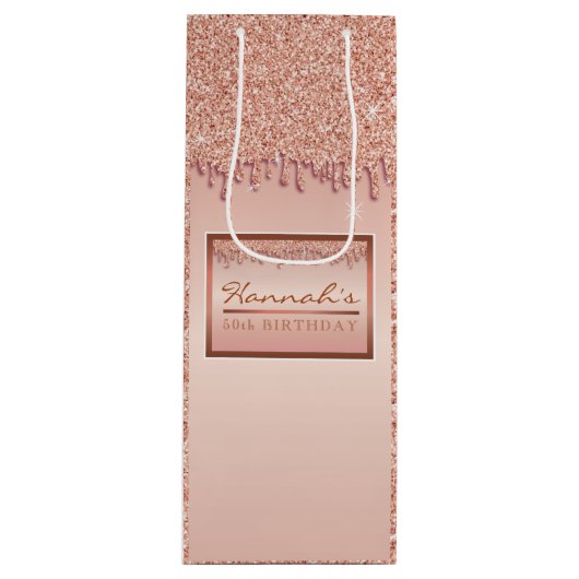 Roos Gold Sparkle Glitter Drip Verjaardagsgeschenk Wijn Cadeautas (Voorkant)