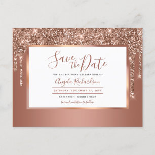 Roos Gold Sparkle Glitter Drips De datum opslaan Briefkaart