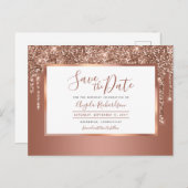 Roos Gold Sparkle Glitter Drips De datum opslaan Briefkaart (Voorkant / Achterkant)