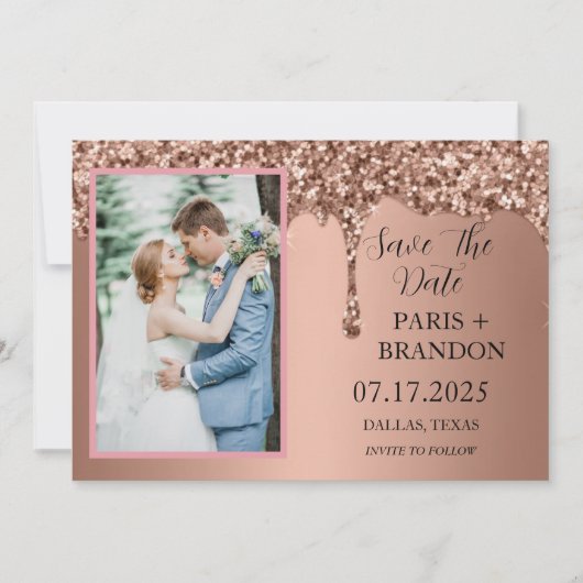 Roos Gold Sparkle Glitter Drips Roze Bruiloft Save The Date (Voorkant)