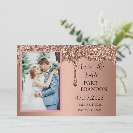 Roos Gold Sparkle Glitter Drips Roze Bruiloft Save The Date (Staand voorkant)