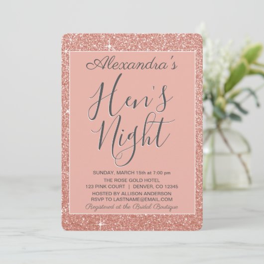 Roos Gold Sparkle Glitter Hen's Night Party Kaart (Staand voorkant)