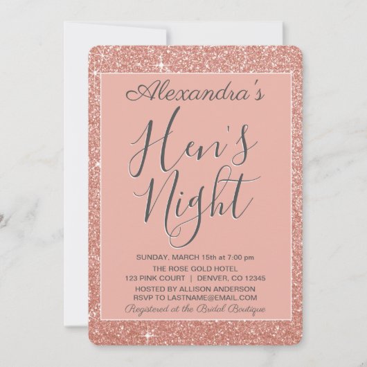 Roos Gold Sparkle Glitter Hen's Night Party Kaart (Voorkant)