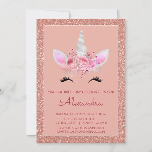 Roos Gold Sparkle Glitter Magische Eenhoorn Verjaa Kaart (Achterkant)