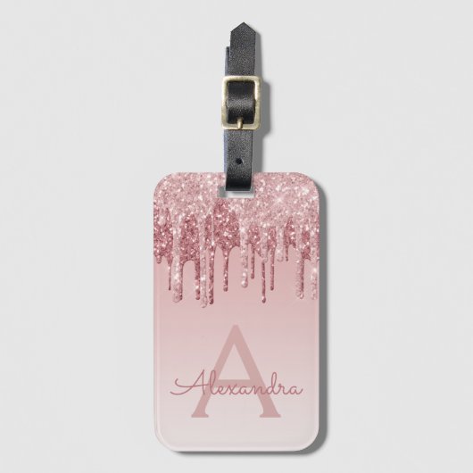 Roos Gold Sparkle Glitter Monogram Naam Bagagelabel (Voorkant (verticaal))